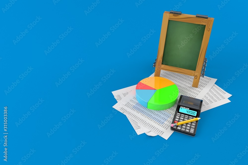 Poster Wooden blackboard with documents and calculator