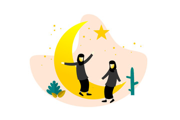 Iftar party concept. Moslem family dinner on Ramadan or celebrating Eid with people character. web landing page template, banner, presentation, social or print media