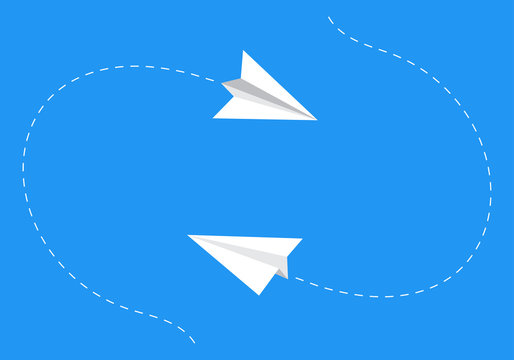 Paper planes following a path. Airplane track or route with dotted lines. Vector illustration.
