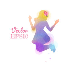 Watercolor of  woman jumping into the air isolated on white background.  Vector illustration