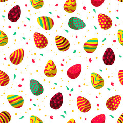 Easter seamless pattern with decorated eggs, confetti isolated on white background. For holiday cards, packaging paper, banner, etc. Vector illustration.