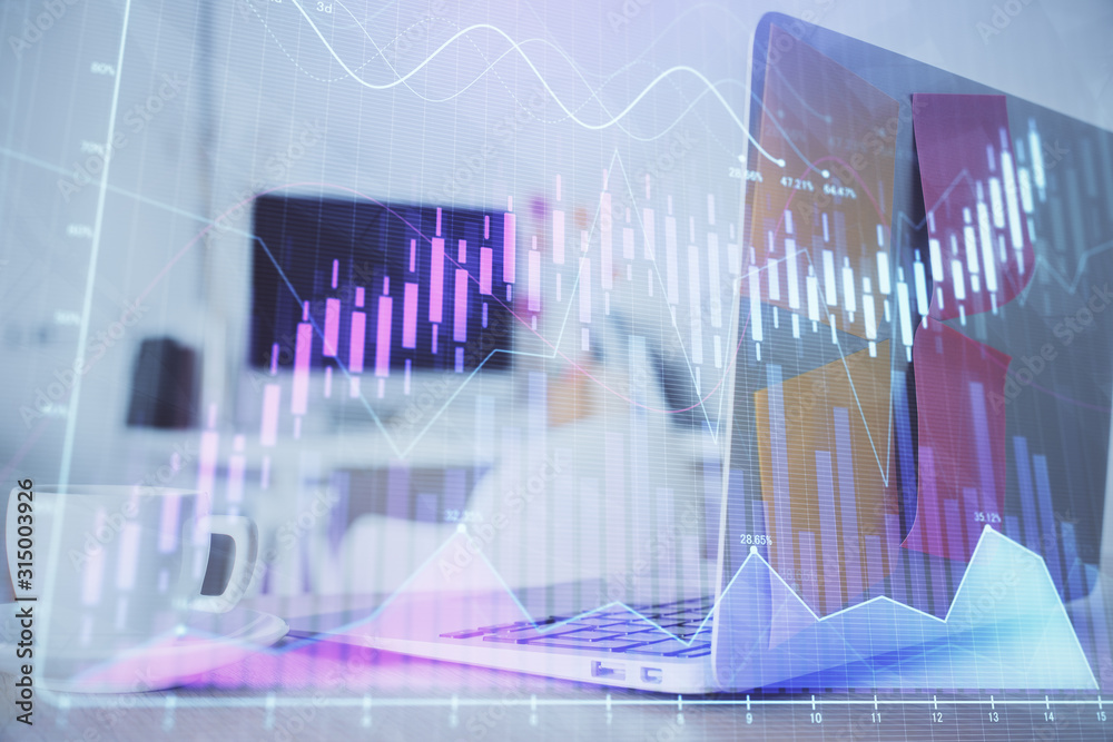 Poster Stock market graph on background with desk and personal computer. Double exposure. Concept of financial analysis.