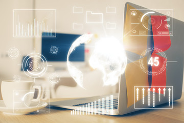 Forex market graph hologram and personal computer on background. Double exposure. Concept of investment.