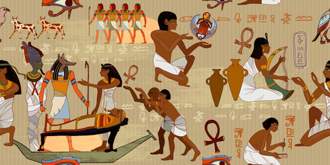 Ancient Egypt frescoes. Horizontal seamless pattern. Life of egyptians. Agriculture, workmanship, farm. History art