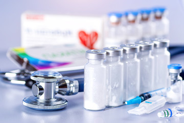 Drug prescription for treatment medication. Pharmaceutical medicament, cure in container for...