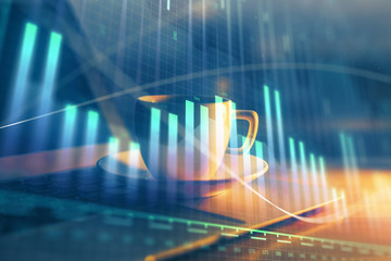 Stock market graph on background with desk and personal computer. Double exposure. Concept of financial analysis.