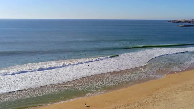 Aerial view in Peniche beach, Portugal. Supertubos Beach. Drone footage