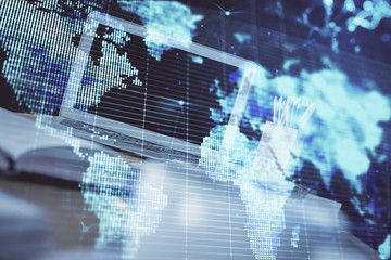 Multi exposure of business theme icons and work space with computer background. Concept of success.