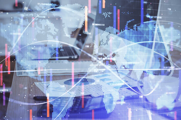 Multi exposure of business theme icons and work space with computer background. Concept of success.