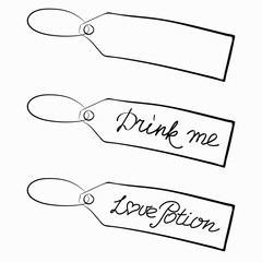 Labels with the text “Drink me” “Love Potion” and with empty space for text. Hand-drawn outline cartoon tags. Stock vector illustration isolated on white background.