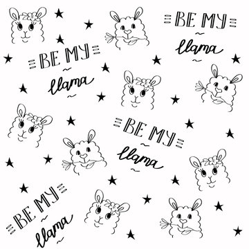 Alpaca and stars Be my llama seamless pattern. Cute hand-drawn outline animals and lettering for a fun textile print and scrapbooking paper. Stock vector illustration isolated on white background.