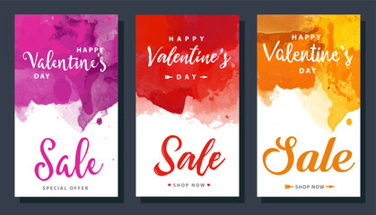 Valentine's day sale banners set with watercolor background - obrazy, fototapety, plakaty