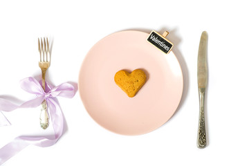Valentines day, pink plate, heart shaped cookies, on white background, valentines day concept, flat lay