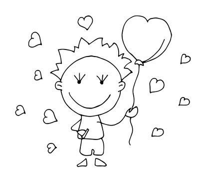 Coloring book for kids - smiling boy holding ballons in his hands. Be my Valentine. Valentines day. 14 February. Black and white cute cartoon hand drawing kids. Vector illustration.	