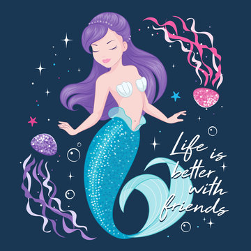 Purple hair mermaid on a dark background. Cute Mermaid with jellyfish, for t shirts or kids fashion artworks, children books. Fashion illustration drawing in modern style. Life is better with friends.