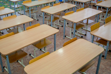 Junior school class. Desks and chairs for the children's learning.