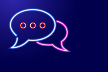 Chat comment, speech bubble icon design from glowing blue, pink and red neon luminescence lines. Message communication icon, mixed media.