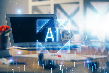 Technology theme drawing and work space with computer. Double exposure. Concept of innovation.