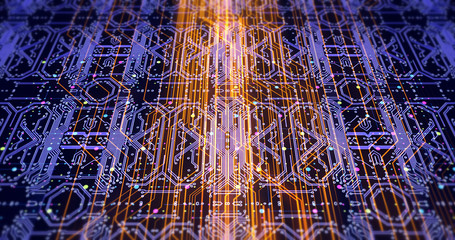 Technology Background With Moving Server Circuit Board Lines Illustration Render - Futuristic Technology Related Concept