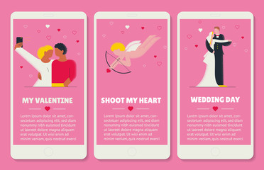Collection of vector illustrations for Valentines day. Couple lovers flat design. Couple do selfie on smartphone. Baby Cupid shooting. Style set template for web app