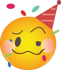 Drunken blushing emoji at the party. Yellow face drunk party emoticon with a crumpled mouth, one eye half-closed, blushing cheeks, in a red hat and confetti flying around. Drunken emoji state of mind.