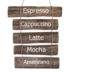 Obraz premium coffee menu on wood hanging board isolated on white background