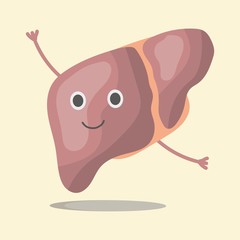 The internal organ liver of the human body, smolders, waves its hands. Vector illustration in eps10, graphic design. Colorful icon