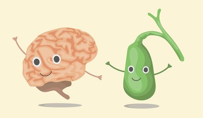 The set internal organs brain and gall bladder of the human body, smolders, waves its hands. Vector illustration in eps10, graphic design. Colorful icon