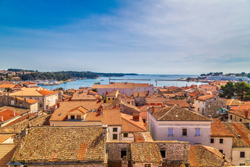 Top view on the historic center of Porec town and sea, Croatia, Europe.