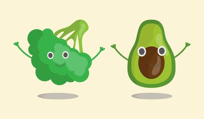 Fruit set broccoli and avocado waving hands, smiling. Vector illustration in eps10, graphic design. Color icon