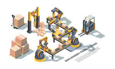 Machinery production, conveyor colorful isometric vector illustration