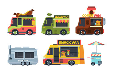 Food truck colorful flat vector illustrations set
