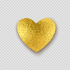Gold foil texture heart. Valentine glitter decor isolated on transparent background. Vector shiny golden metal element design..