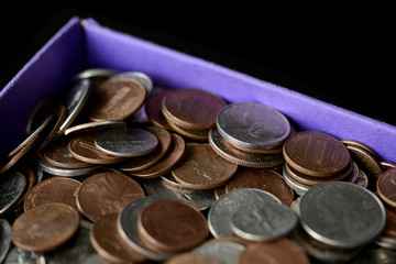 Purple box with American cents close-up. Money background