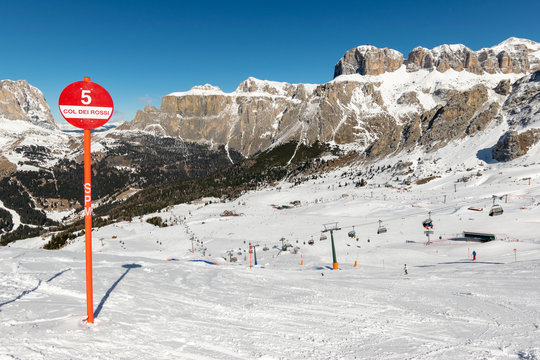 Ski slope red sign at ski resort in Italian Dolomites