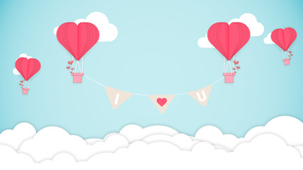Obraz na płótnie Canvas Card for Saint Valentine's Day. Air balloons shaped heart in top of clouds. Copyspace. Modern artwork, bright wallpaper. Flyer for your device, design or advertisement. Romantic, love concept.