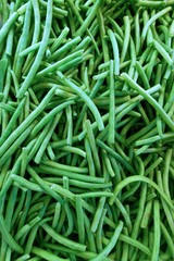 closeup of green beans on display at the market
