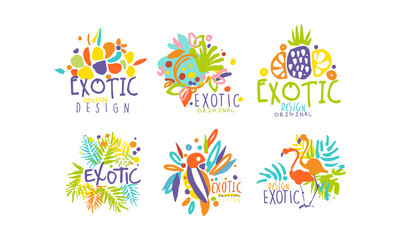 Exotic Original Design Labels Collection, Colorful Hand Drawn Badges Vector Illustration