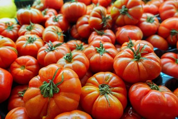 closeup of tomatoes on display at the market