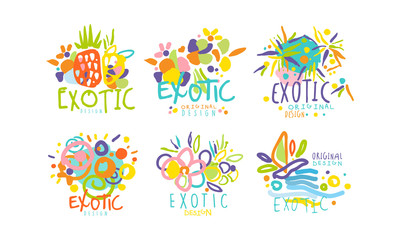 Exotic Original Design Labels Collection, Colorful Tropical Hand Drawn Badges Vector Illustration