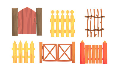 Wooden Fences, Hedges Collection, Countryside, Rural Landscape Elements Vector Illustration