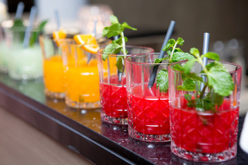 Selective focus of Colorful Fruit juice cocktail  in the bar