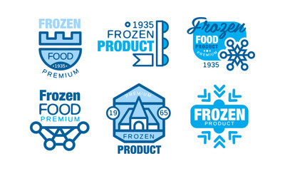 Frozen Food Labels Collection, Premium Product Blue Badges Vector Illustration