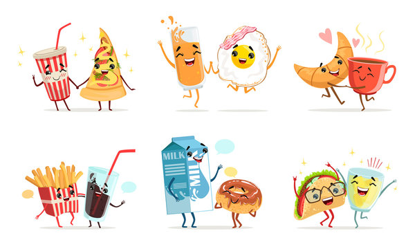 Forever Friends Collection, Cute Funny Food and Drink Cartoon Characters, Childish Menu Elements Vector Illustration