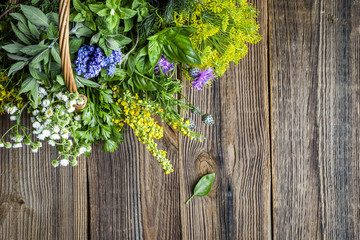 Different herbs from the garden on wooden table. Fresh herb on wood.