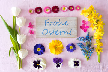 Sign With German Text Frohe Ostern Means Happy Easter. Flat Lay With Spring Flower Blossoms On Pink Wooden Background