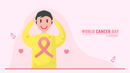 Vector illustration about World Cancer Day. People have to be raising awareness and education about this disease. The sign of this day is pink ribbon.