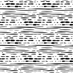 Monochrome seamless pattern. Black grunge lines, dots on white background. Abstract uneven ornament, hand drawn texture - 315012513