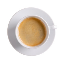 Close up of coffee cup and saucer. Top view, isolated on white.