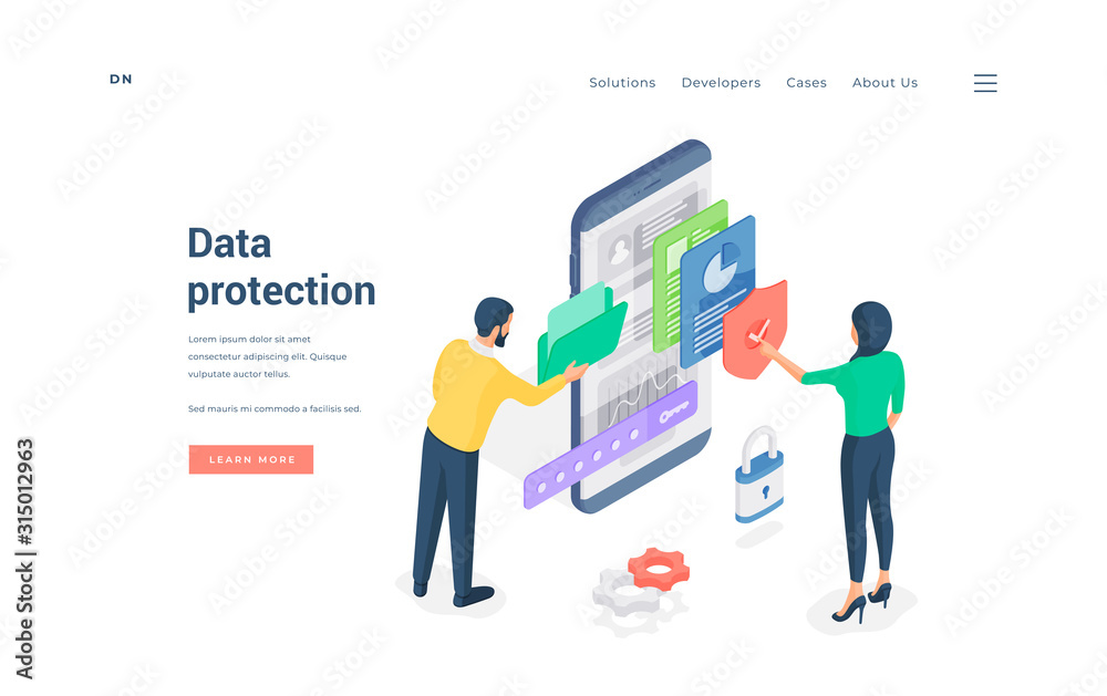 Poster people using protected data man browsing folder while woman checking files on smartphone isometric v